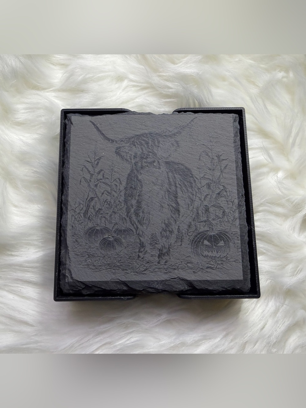 Halloween Highland Cow Slate Coaster Set of 4 with Holder - Black